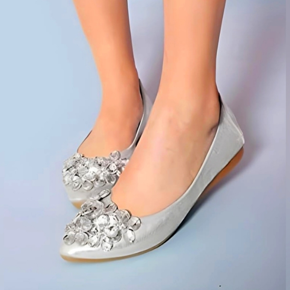 Womens Ballet Flats Silver shinny Glittery Shoe With Clear Rhinestones 9.5 (40)